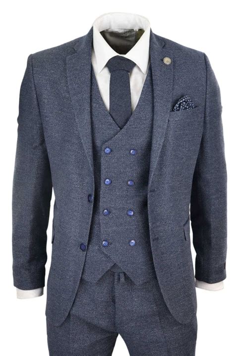 Mens Blue 3 Piece Suit With Double Breasted Waistcoat Buy Online