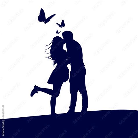 Vector Illustration Of Romantic Scene With Butterflies Silhouette Of