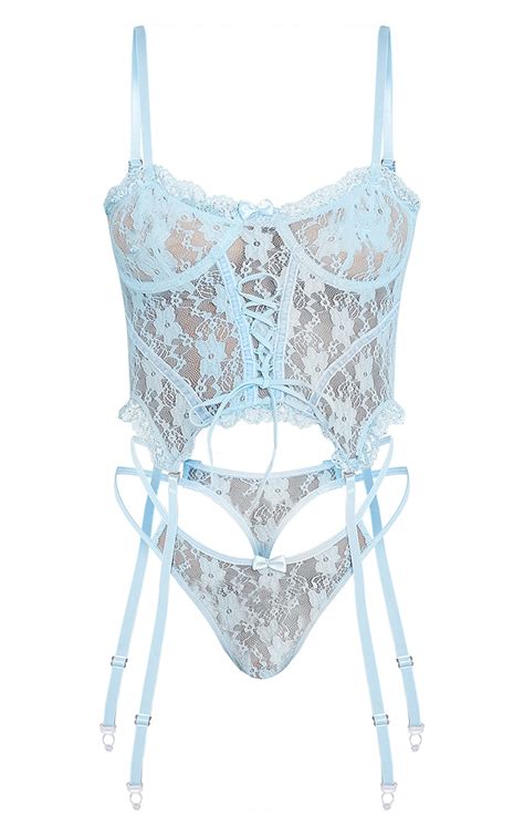 Baby Blue Frill Edge Corset And Thong Lingerie Set Prettylittlething