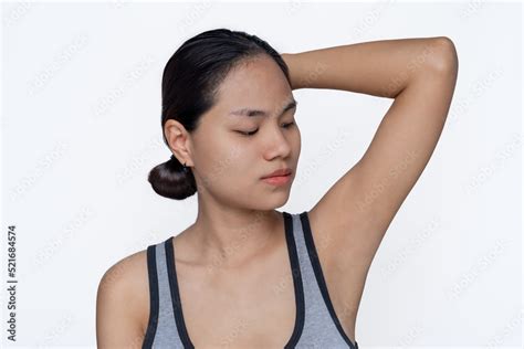 Beautiful Asian Woman Raising Her Arms To Show Clean Armpits Healthy