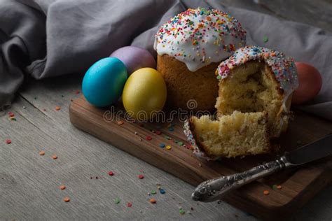 Photo Of Easter Cake And Eggs Traditional Russian And Ukrainian Easter Cake Kulich And Painted