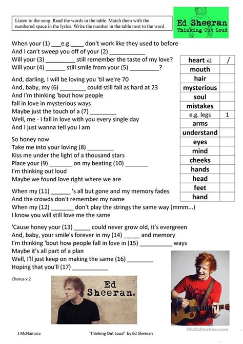 Song Thinking Out Loud By Ed Sheeran English Esl Worksheets For