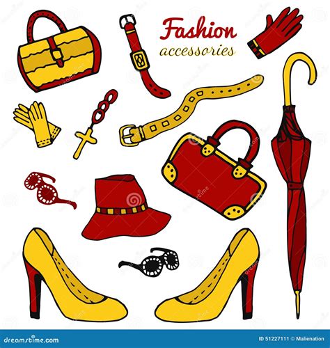 Collection Womens Accessories Fashion Set Hand Drawn Vector Isolated