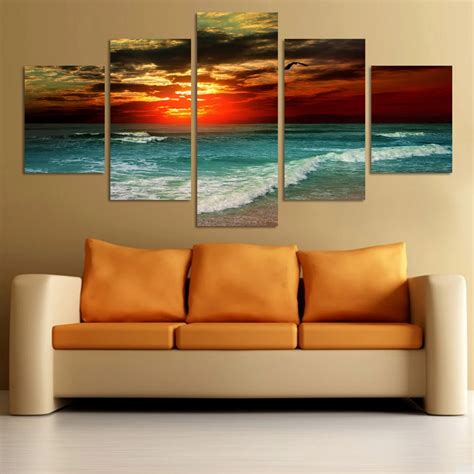 5 Panels Seascape Sunset Sea Beach At Dusk Sunset Red Clouds Canvas