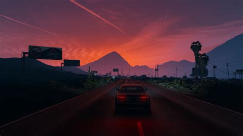 Wallpaper Grand Theft Auto V Sunset Video Games Car Road