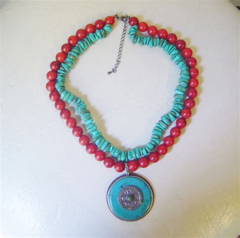 Turquoise Coral Pendant Necklace Two Strands Vintage Necklaces
