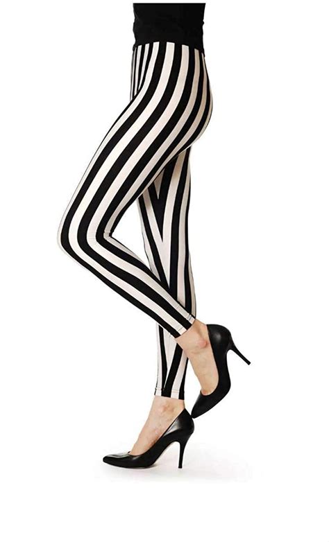 womens ladies black and white vertical print full length stripe leggings uk 8 16 uk