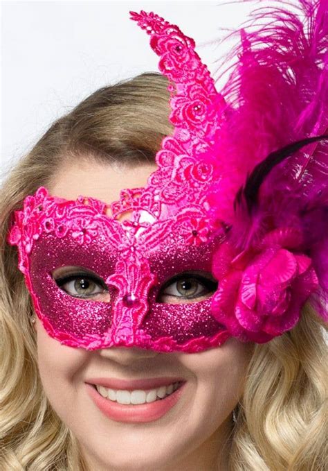 Pink Lace And Glitter Masquerade Mask Side Feather Hot Pink Mask
