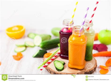 Freshly Squeezed Vegetable Juice In Bottles Useful Vitamin Stock Photo