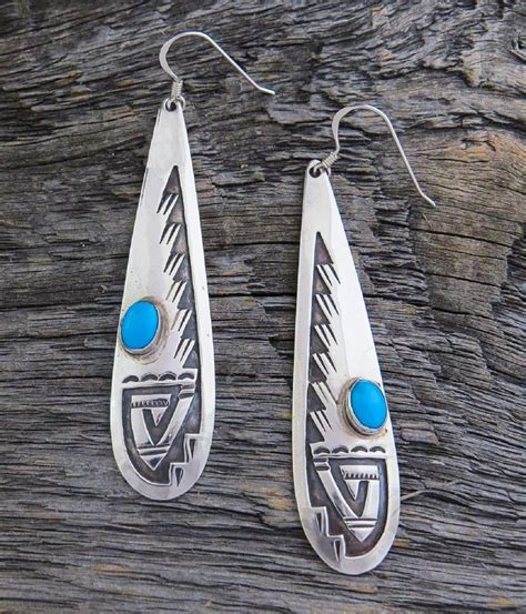 Native American Turquoise Sterling Silver Earrings Navajo Etsy Long