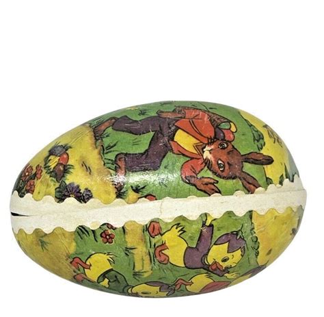 Vintage Paper Mache Easter Egg Ducks Chasing Rabbit Spring Germany 4