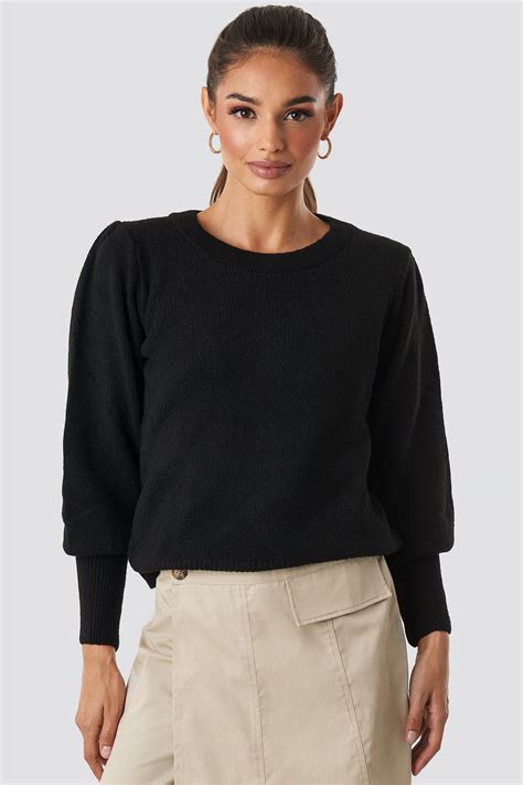 Puff Sleeve Wide Rib Knitted Sweater Black Na