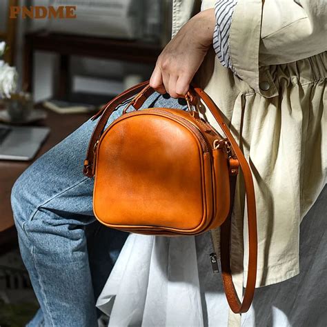 Pndme Fashion Vintage Genuine Leather Women S Zipper Small Round