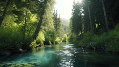 Serene River Flows Into Picturesque Lake Digital Art Illustration