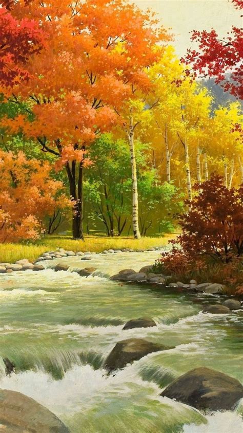 Download Wallpaper 1080x1920 Autumn Landscape Painting
