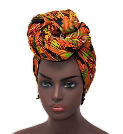 African Head Wraps Orange Traditional Kente Print Headwraps Etsy