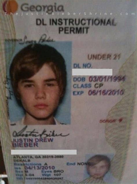 Justin Bieber S Drivers License Permit Photo