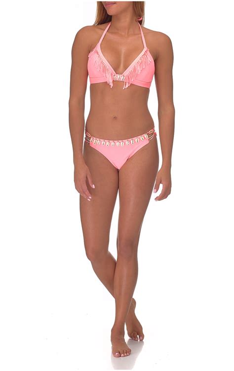 Amenapih Light Pink Two Piece Bikini With Fringes Beautyswim Neon