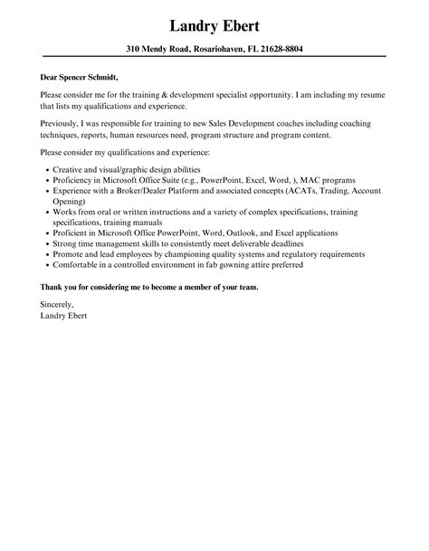 Training And Development Specialist Cover Letter Velvet Jobs