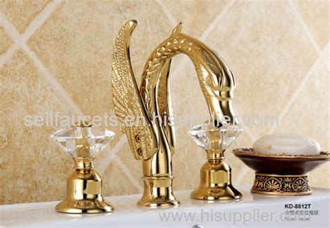 Gold Finish 3pcs Swan Sink Faucet 8 Inch Widespread Lavtory Sink Faucet Crystal Handles Swan Tap