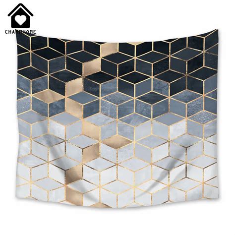Charmhome Soft Blue Gradient Cube Pattern Tapestry Hanging Polyester