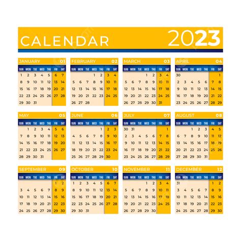 2023 전체 달력 노란색 파란색 조합 디자인 2023년 달력 2023 새로운 새해 달력 디자인 Png 일러스트 및 벡터