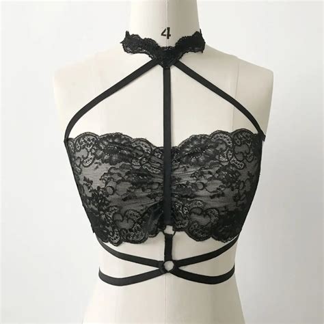 sexy women s fashion black bandage belt bra cage hollow bralette crop top bustier lace sheer