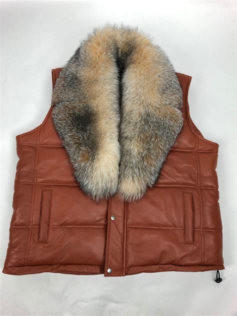 men s leather bubble vest with full fox fur collar leatherkloset