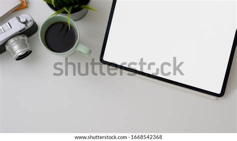 Top View Photographer Workspace Blank Screen Stock Photo 1668542368