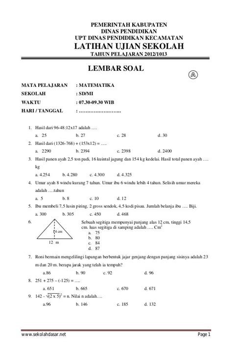 Contoh Soal Matematika Kelas 6 Sd Semester 1