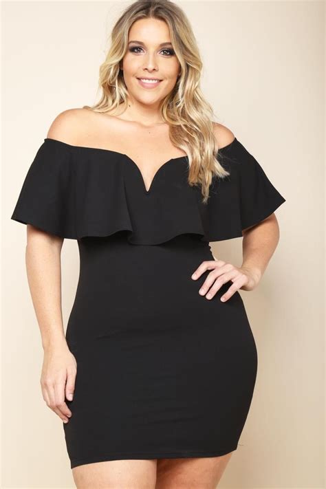 A Plus Size Mini Dress With An Off Shoulder Sweetheart Neckline And A