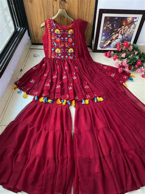 Maroon Sharara And Short Kurti Set Embroidered Georgette Sharara Full