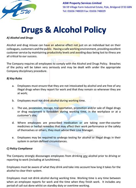 Asw Drugs And Alcohol Policy 2016 Edition 1 Asw Property Services Ltd