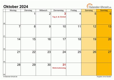 Oktober 2024 Kalender Mit Feiertagen
