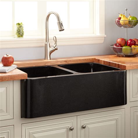 Quartz countertops are slightly less expensive than granite, and also come in a variety of colorways. 36" Polished Granite Double-Bowl Farmhouse Sink - Black ...