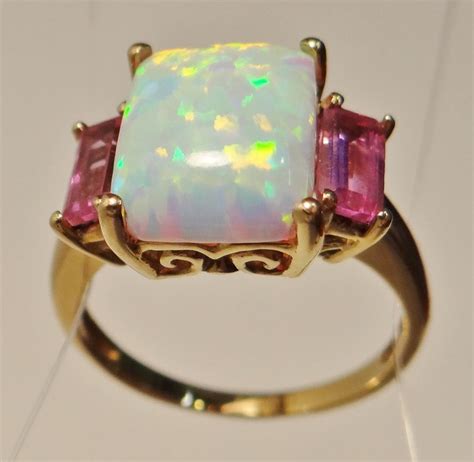 Opal Ladies Ring 10k Yellow Gold Emerald Cut W Tourmaline Bagguettes