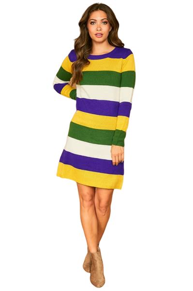 Mardi Gras Color Striped Knit Dress Porees Embroidery