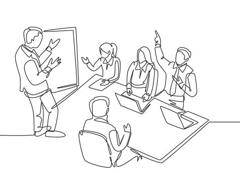 One Single Line Drawing Of Young Business Manager Giving Presentation