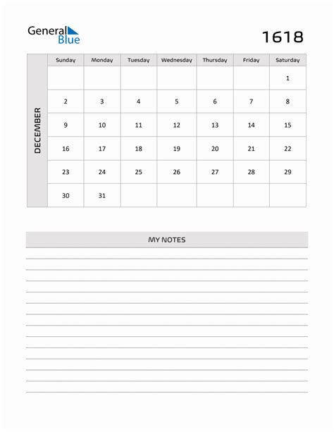 December 1618 Printable Monthly Calendar With Notes