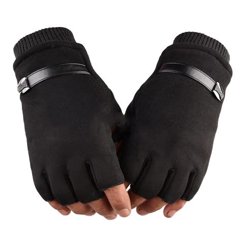 Winter Warm Gloves Men Fingerless Suede Leather Gloves