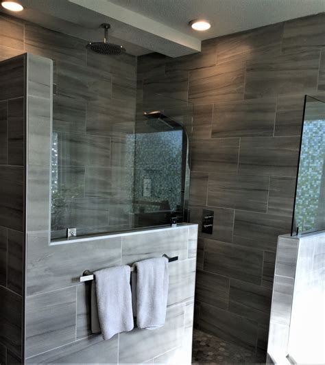 Walk In Shower With Half Wall And Glass Partitions Traditional