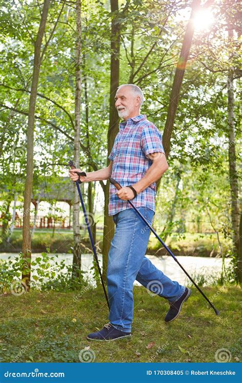 Vital Senior Makes Nordic Walking In Nature Stock Image Image Of