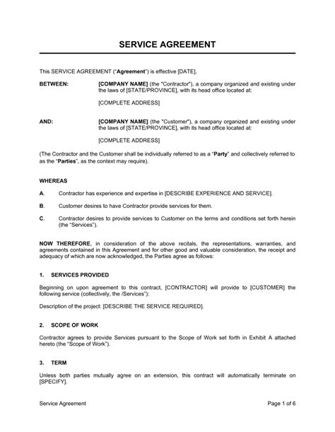 Free Service Agreement Contract Template Australia