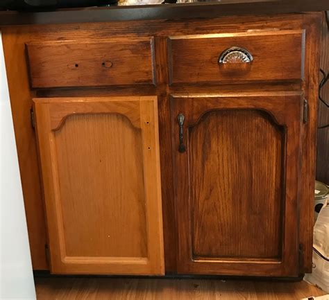Stain the cabinet fronts by applying gel stain on a sponge brush, with light and even strokes to avoid getting stain on the insides. Honey oak cabinets DIY Mahogany Gel Stain. Before, during and after. LOVE!! | Stained kitchen ...