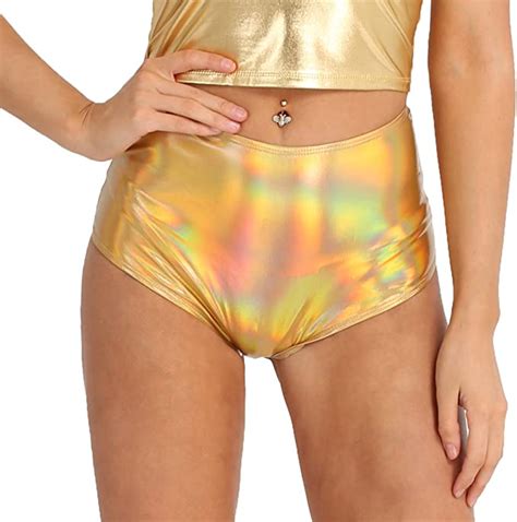 Yeahdor Women S Shiny Metallic Patent Leather High Waist Booty Shorts Hot Pants Rave Dance