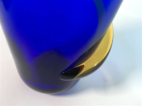 Vintage Blenko Art Glass Cobalt Blue Vase W Amber Cord Richard Blenko Signed Spiral Hand