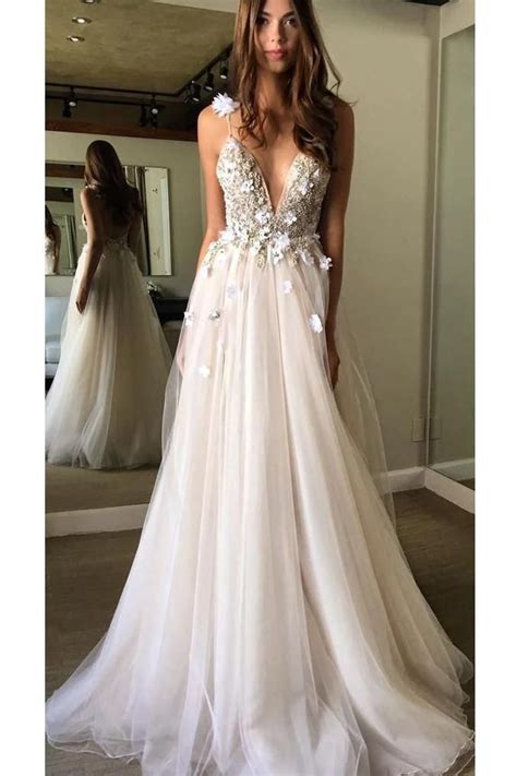 Spaghetti Straps Deep V Neck Backless Tulle Prom Dress With Flowers Beach Wedding Gowns