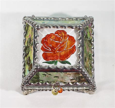 Rose Hand Painted Stained Glass Keepsake Box Jewelry Box Faberge Style Treasure Box