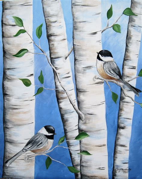 Chickadees And Birch Trees Painting Handpainted Acrylic Chickadees And