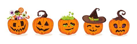 Pumpkin Set For Halloween Orange Pumpkins With A Scary Smile Of Joy Carved With Sweets And In